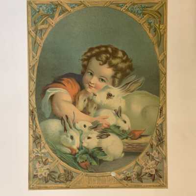 Poster of print 'The Little Father', of a child with rabbits, c. 1880s