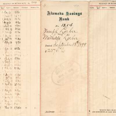 Payment form for Joseph and Matilda Lorber, Alameda Savings Bank, 1899