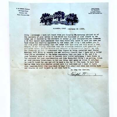 Letter as stationery sample for Woodstock Lodge of the Masons, 1935