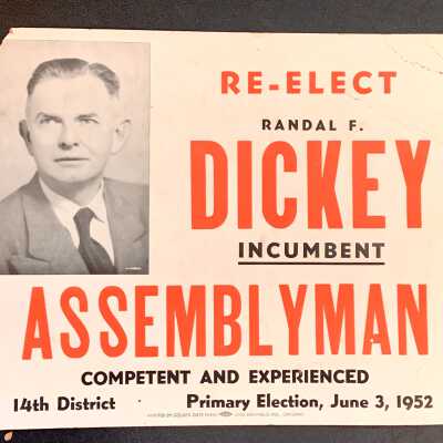 Political poster for reelection of Randall Dickey, 1952