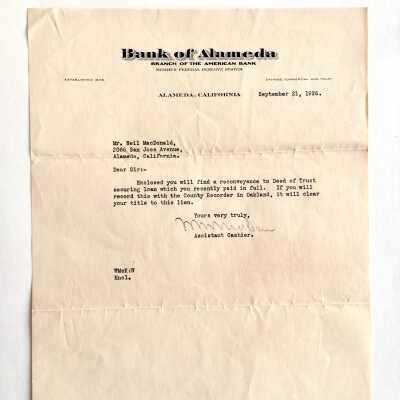 Letter to Neil Macdonald about payment in full of loan on 2066 San Jose Ave., 1926