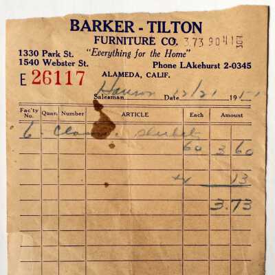 Sales slip of the Barker-Tilton Furniture Company, c. 1940s-1950s