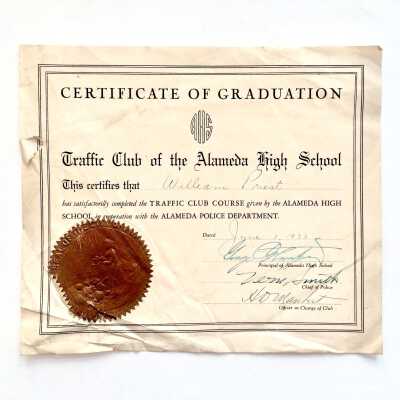 Certificate of Graduation from Traffic Club of Alameda High School, 1933