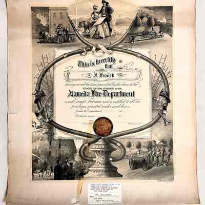 Certificate 10 year service volunteer fireman awarded J. Hoeck, 1890
