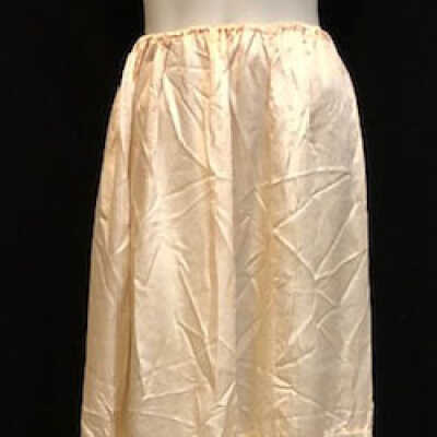 Pink silk satin petticoat with ecru lace flounce and silk ribbons, c. 1915-1920