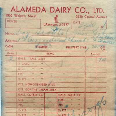 Receipt from the Alameda Dairy Company, 1500 Webster Street, 1941