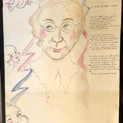 Poster with a caricature portrait of Mabel Tennant, c. 1982 or prior