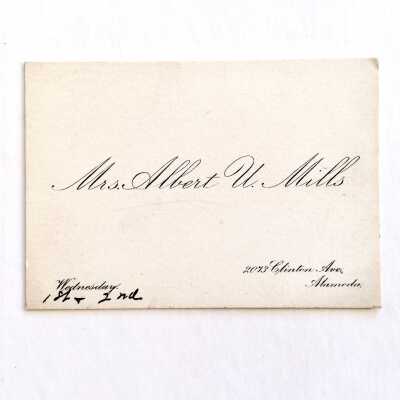 Calling card of Mrs. Mills of 2073 Clinton Ave, c. 1890s