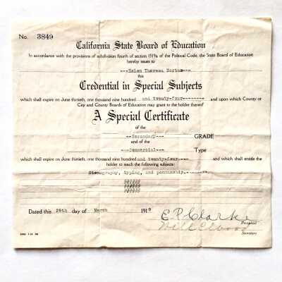 Teaching Credential Certificate of Helen Norton, 1919