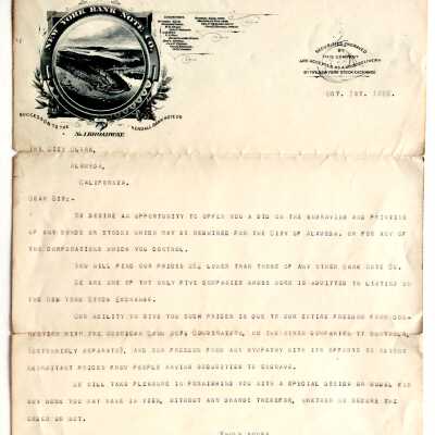 Letter of solicitation to Alameda City Clerk, New York Bank Note Co., 1889