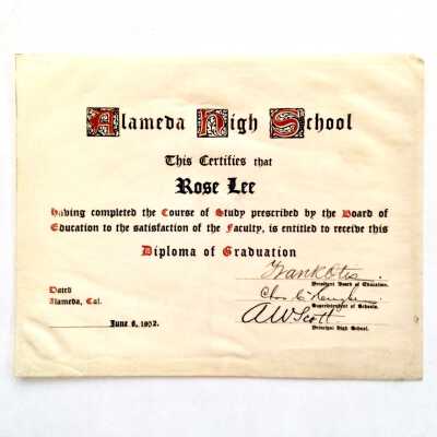 Alameda High School Diploma of Roselee Cox (nee Lee), 1902