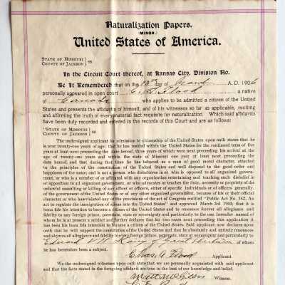 Naturalization papers of Charles A. Flood, 1906