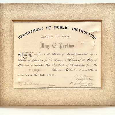 Certificate Encinal Grammar School Completion of Charlotte E. Perkins, c. 1880s