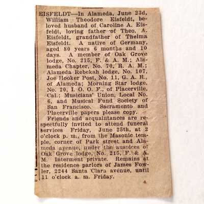 Clipping with obituary of Theodore Eisfeldt, c. 1923