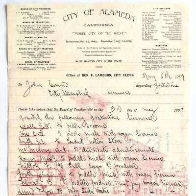 Peddlers permit, from Ben Lamborn to John Conrad, 1899