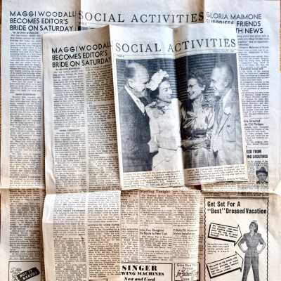 Newspaper clippings about marriage Maggie Wooddell and J. Thrall, 1950