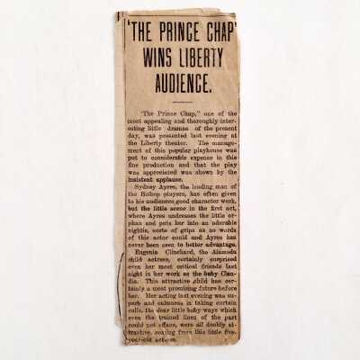 Clipping about play 'The Prince Chap' featuring Eugenia Clinchard, c. early 1900s