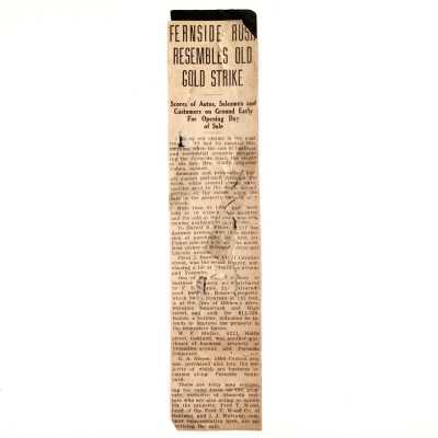 Clipping 'Fernside Rush Resembles Old Gold Strike', late 1920s