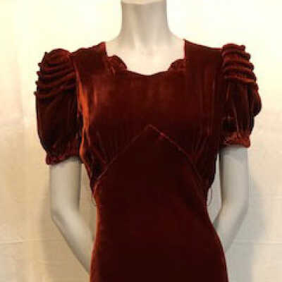 Full-length rust colored silk velvet dress, c. late 1930s