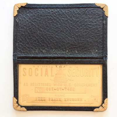 Brass social security plate of Fred Krueger, c. 1938-1939