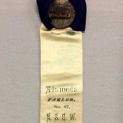 Silk banner badge, Alameda Parlor No. 47, Native Sons of the Golden West, c. 1980