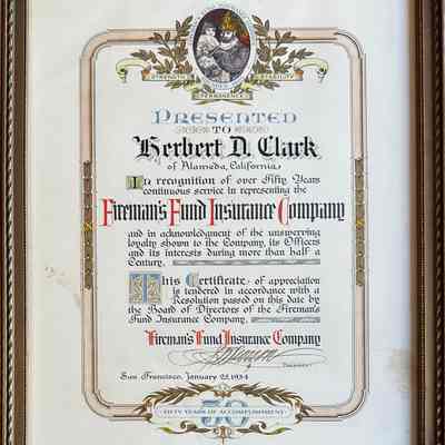 Certificate awarded Herbert D. Clark for over 50 years at Fireman's Fund Insuranc Co., 1935