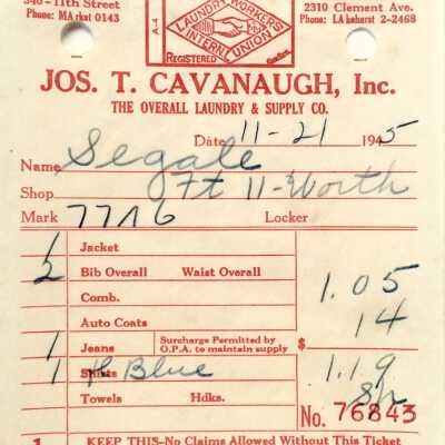 Receipt for laundry services from the Joseph T. Cavanaugh Laundry, 1945