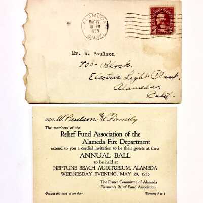 Invitation in envelope to Fire Dept. Relief Fund Ball, 1935