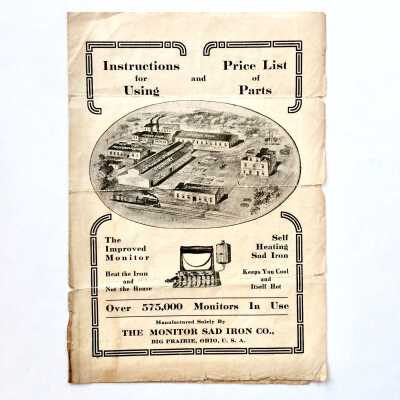 Instruction pamphlet for the gas-operated sad iron, of the Ekberg family, c. early 1900s