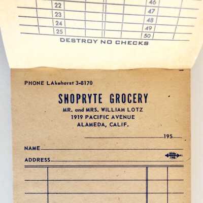 Receipt form book of the Shopryte Grocery, c. 1950s