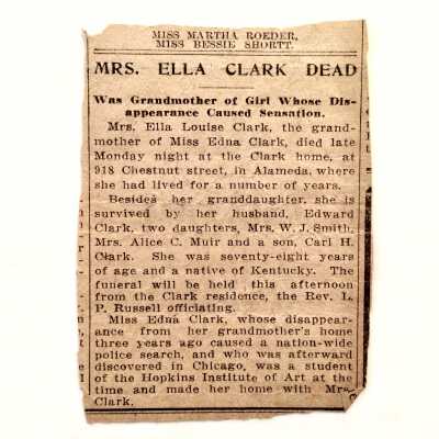 Obituary clipping 'Mrs. Ella Clark Dead', 1911