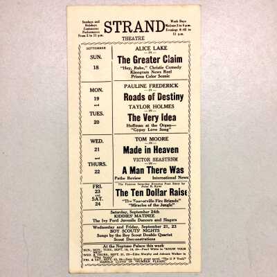 Flyer with coming attractions for the Strand Theatre, c. 1920s