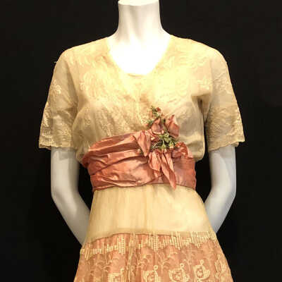 Party Dress of pink with ecru lace of one of the Haslett daughters, c. 1912