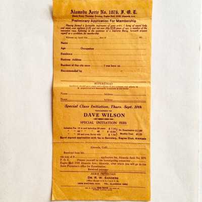Membership application Form, Alameda Aerie No. 1076, Eagles, 1920s