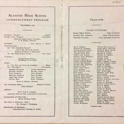 Alameda High School commencement exercises program, 1926