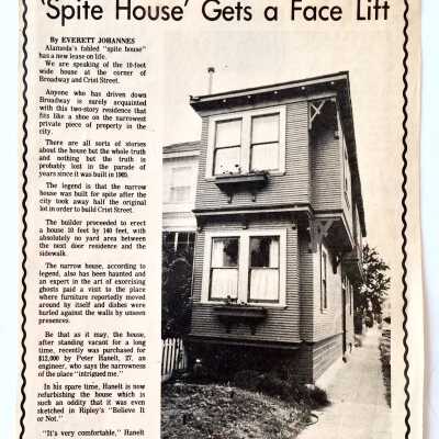 Clipping about the 'Spite' house, corner Broadway and Crist, 1972