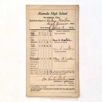 Alameda High School Report Card of Helen Norton, June 1910