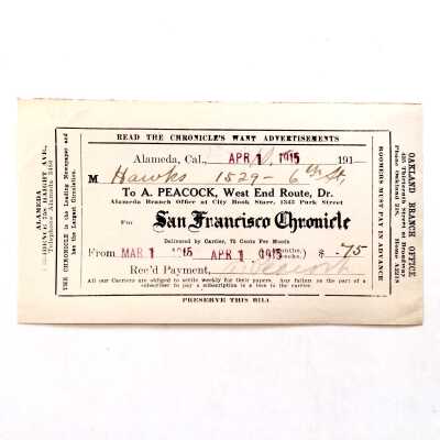 Receipt San Francisco Chronicle, 1915