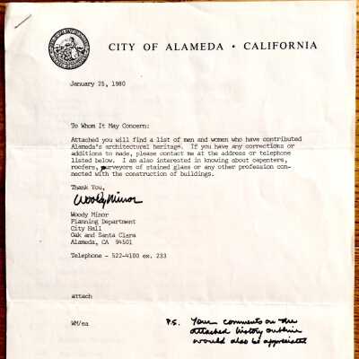 Typed list of architects and builders, compiled by Woody Minor, 1980
