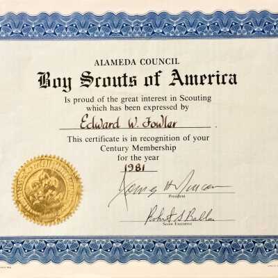 Certificate from 'Boy Scouts of America' awarded Edward E. Fowler, 1981