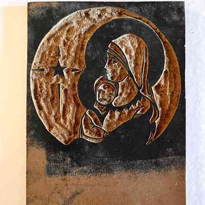 Printing block for 'Maddonna and Child' cards, by Mildred Meyers, c. 1930s