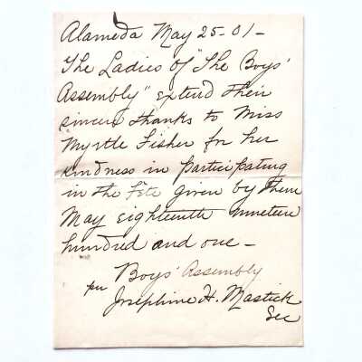 Handwritten note by Josephine Mastick to thank Myrtle Fisher for performing, c. 1901