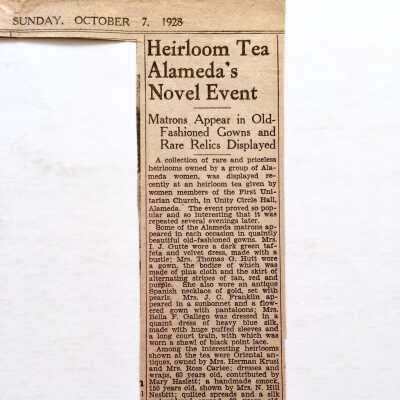 Clipping S.F. Chronicle about 'Heirloom Tea Alameda's Novel Event', 1928