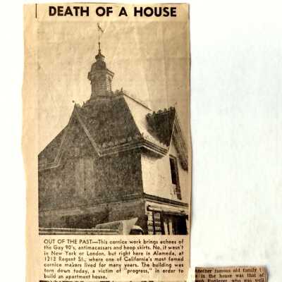 Clipping 'Death of a House' about demolition of 1212 Regent Street, prior 1999