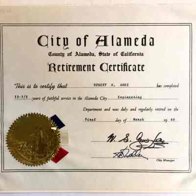 Retirement Certificate of Robert Ames, 1966