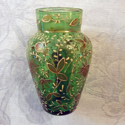 Green glass bud vase with gold and yellow raised enameling, early 1890s-1900s