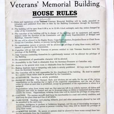 Veterans Memorial Building House Rules, c. 1929
