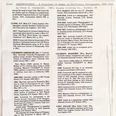 Photocopy with bio of Gertrude Cockroft, photographer, 1991