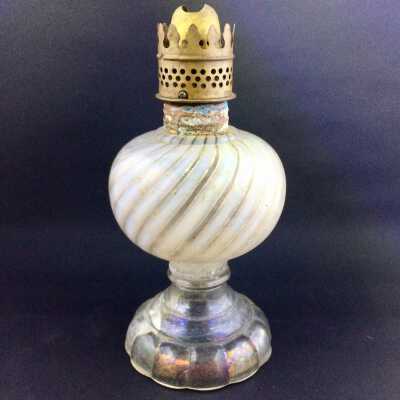 Opalescent swirled glass kerosene nightlight, c. 1890s