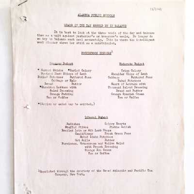 Copy of a report from 'Alameda Public Schools' about nutrition, 1941